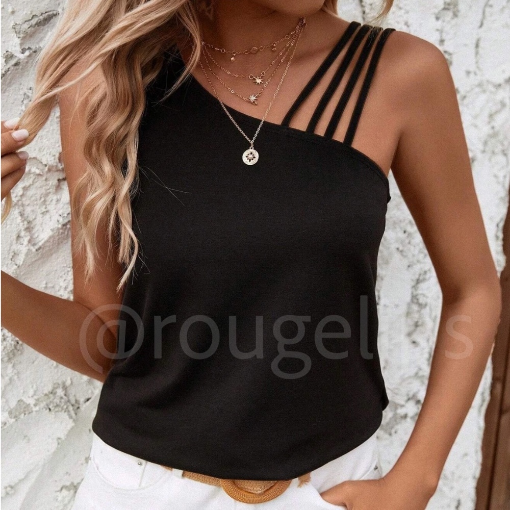 Strappy Black Tank Top Asymmetric Neck Stretchy